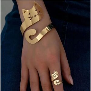 Gold Cat Cuff Bracelet & Ring Set Cat Face & Wrap Around Tail